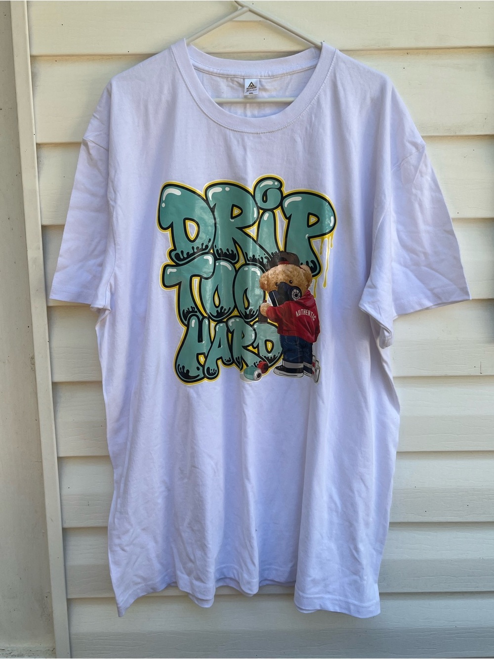 Mens White Graphic Tee with 'Drip Too Hard' Bear Print. 3 XL Plus size